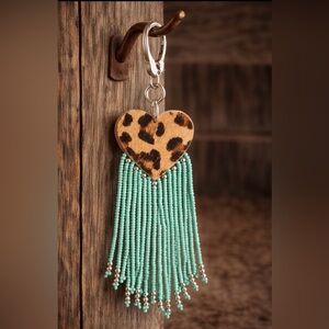 Leopard Heart Tassel Earrings with Mint Beaded Fringe